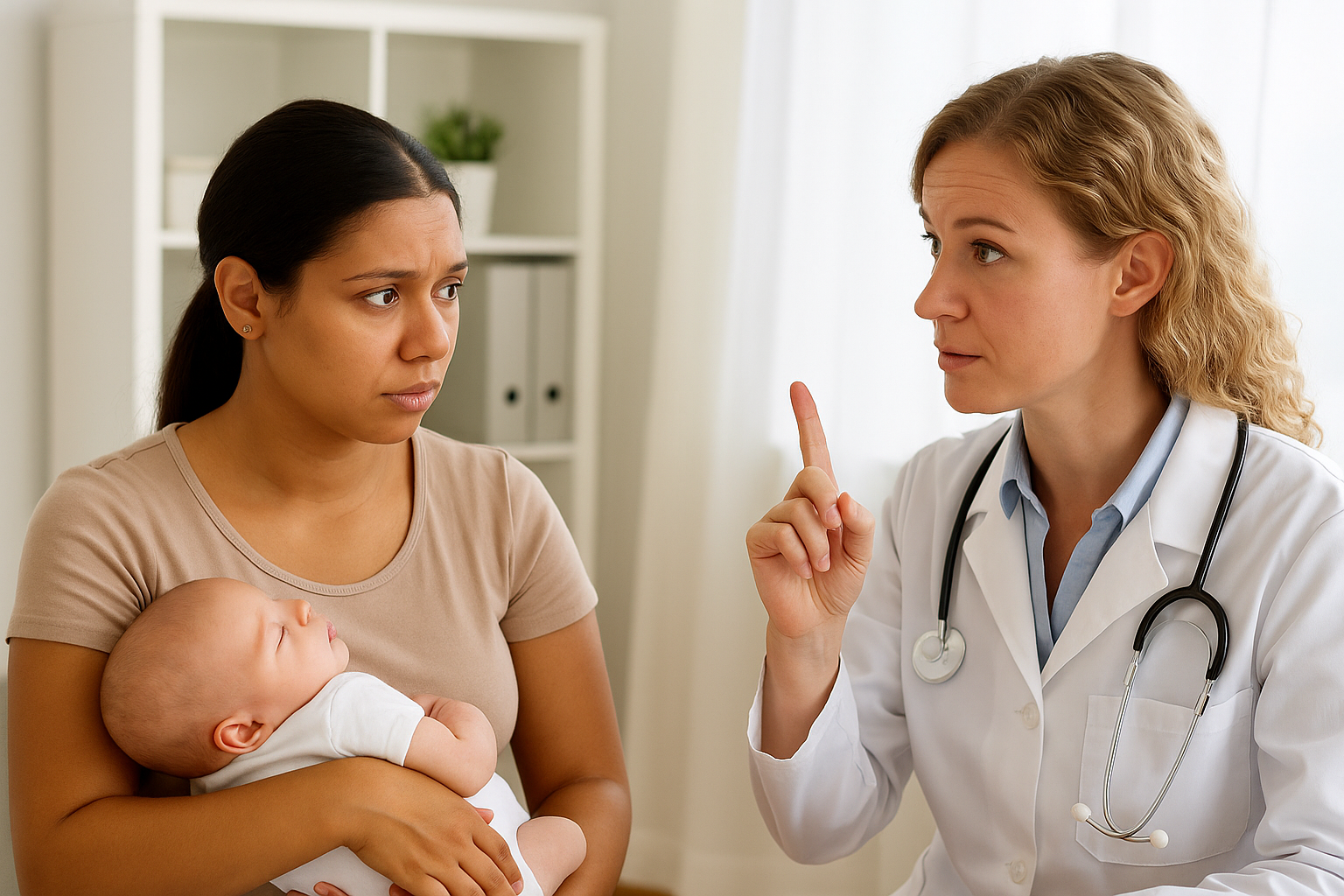 Doctor explaining IUD risks to a concerned mother holding her newborn baby