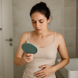 Woman holding a small mirror and checking her abdomen in the bathroom
