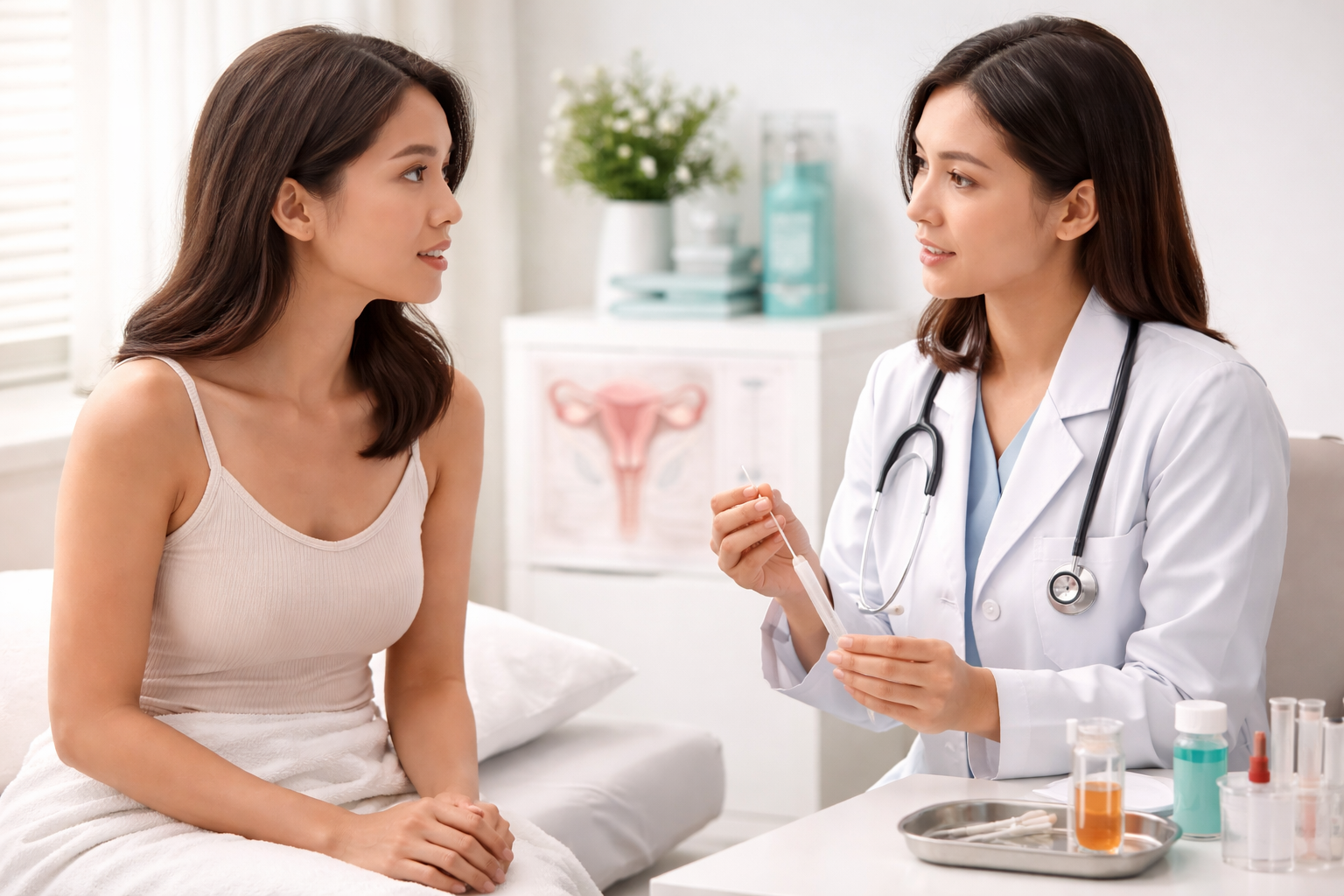 Woman consulting with doctor for Vaginal odour testing