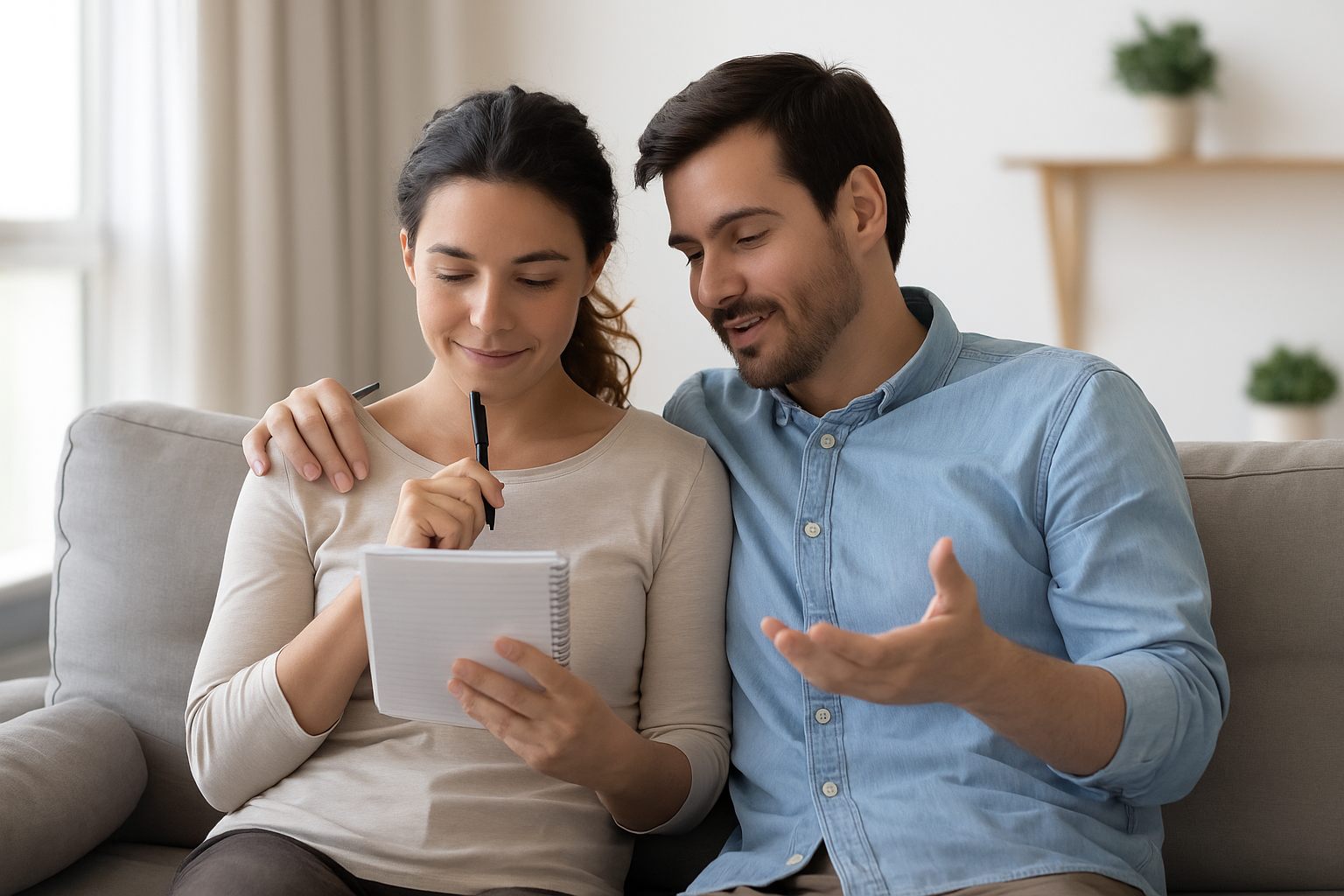 Couple sitting on a couch discussing family planning while making notes in a notebook