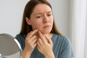 Woman looking at her reflection and touching acne-affected skin on her face