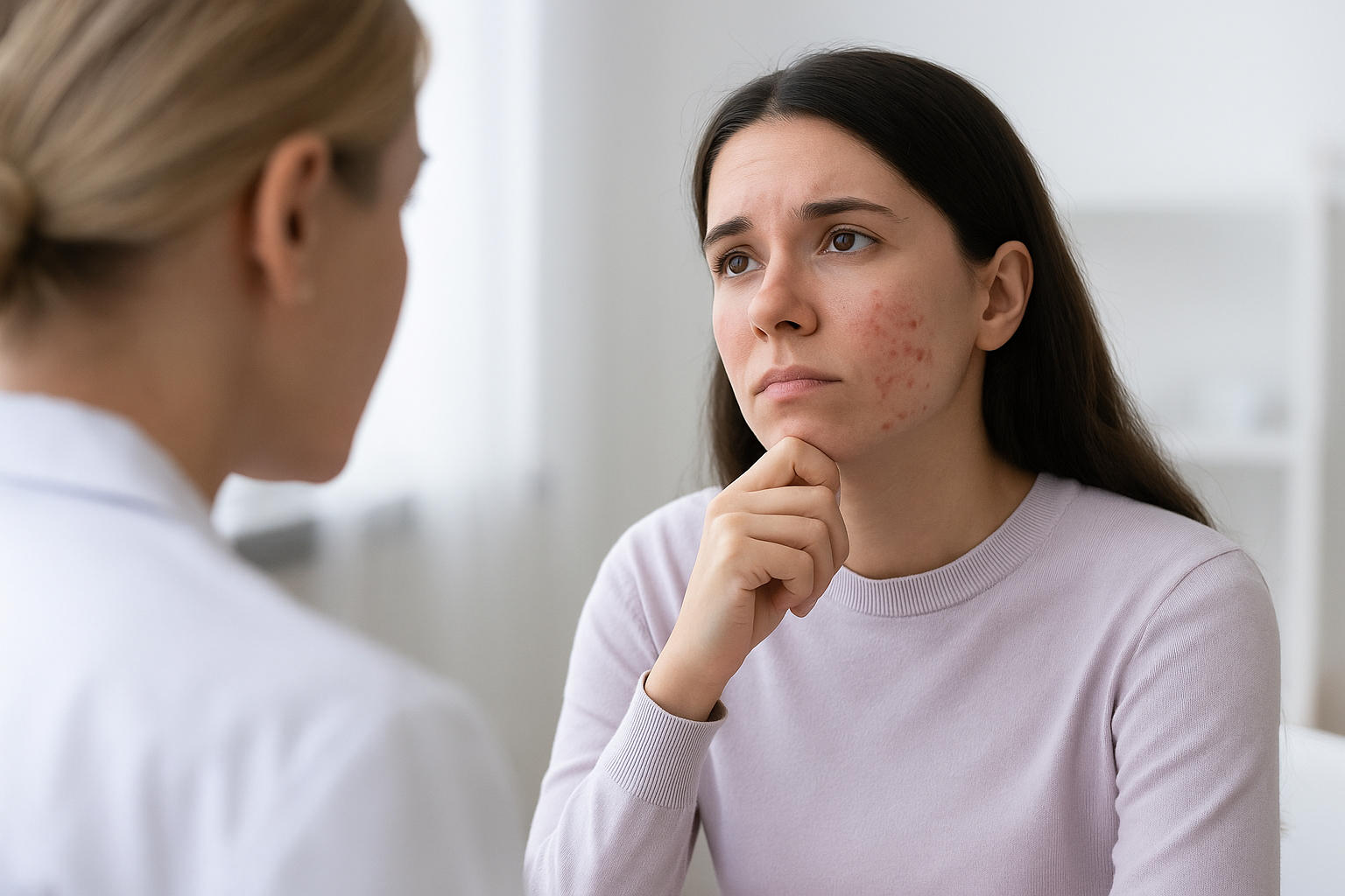 Patient with facial acne discussing skin concerns with a healthcare provider during consultation