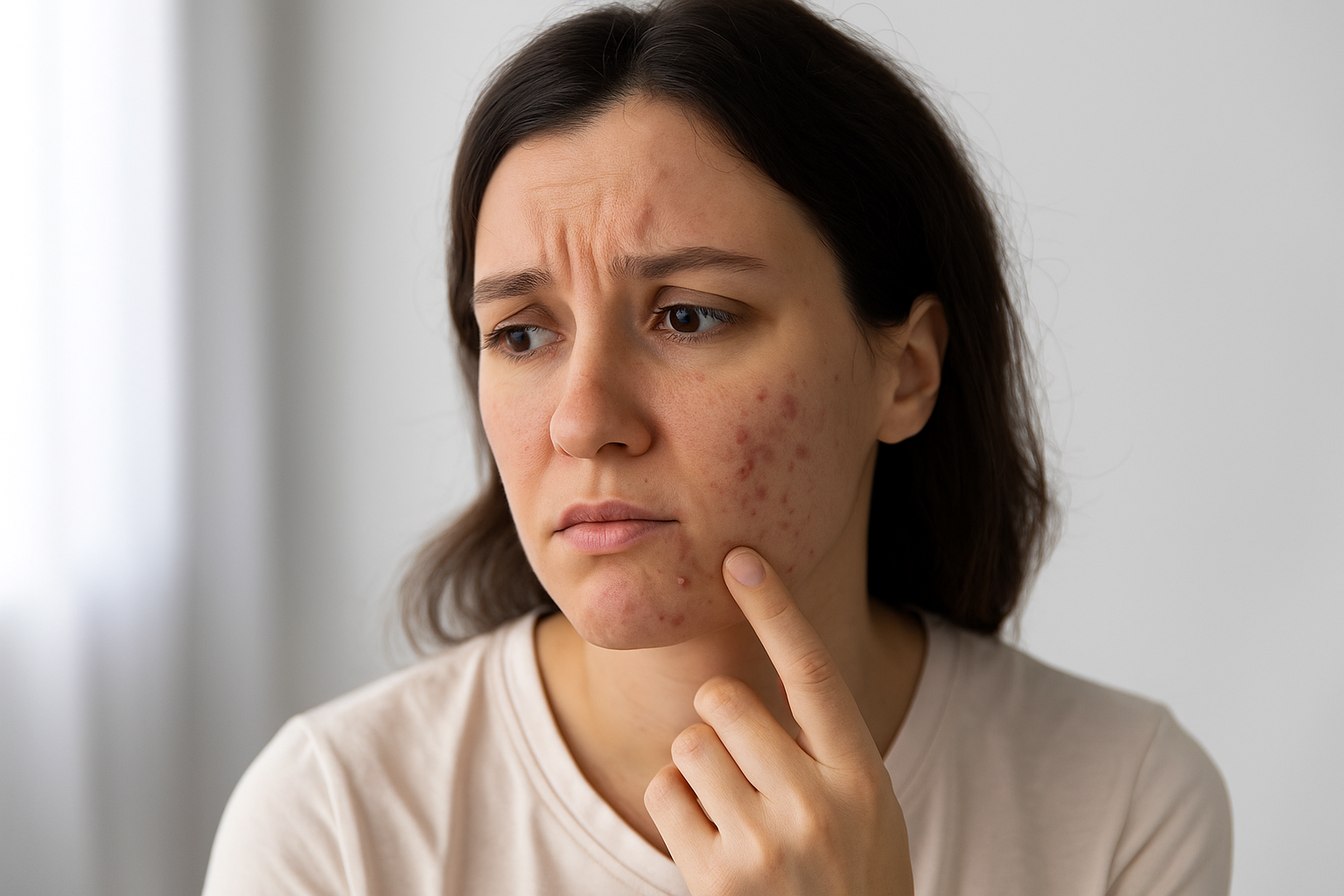 Woman examining acne breakouts on her cheek, appearing concerned about skin condition