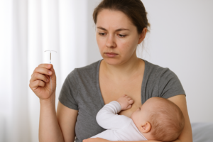 Woman breastfeeding her baby while looking at an IUD device with concern
