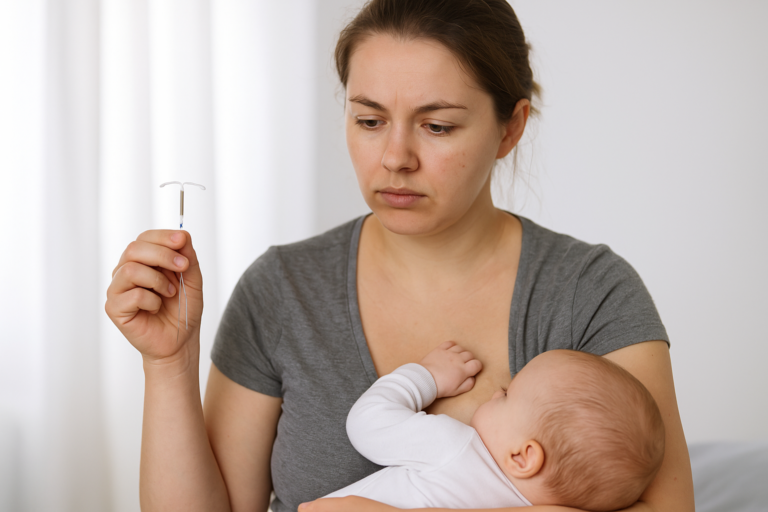Woman breastfeeding her baby while looking at an IUD device with concern