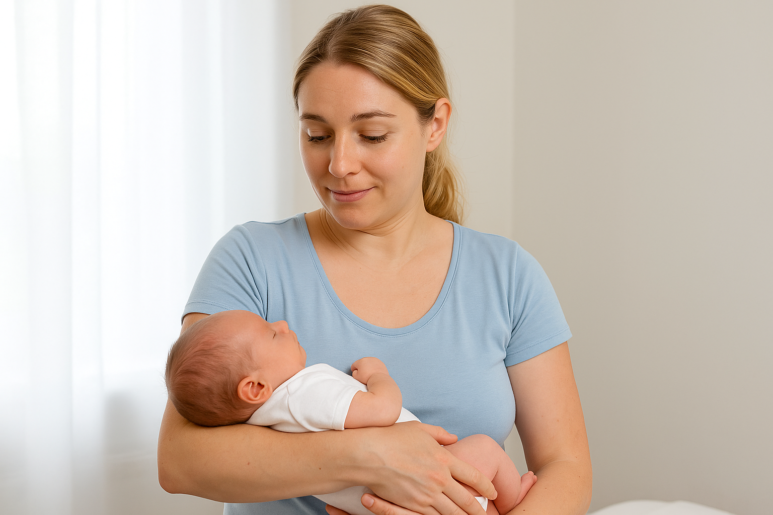 New mother in a light blue shirt gently holding her newborn baby at home