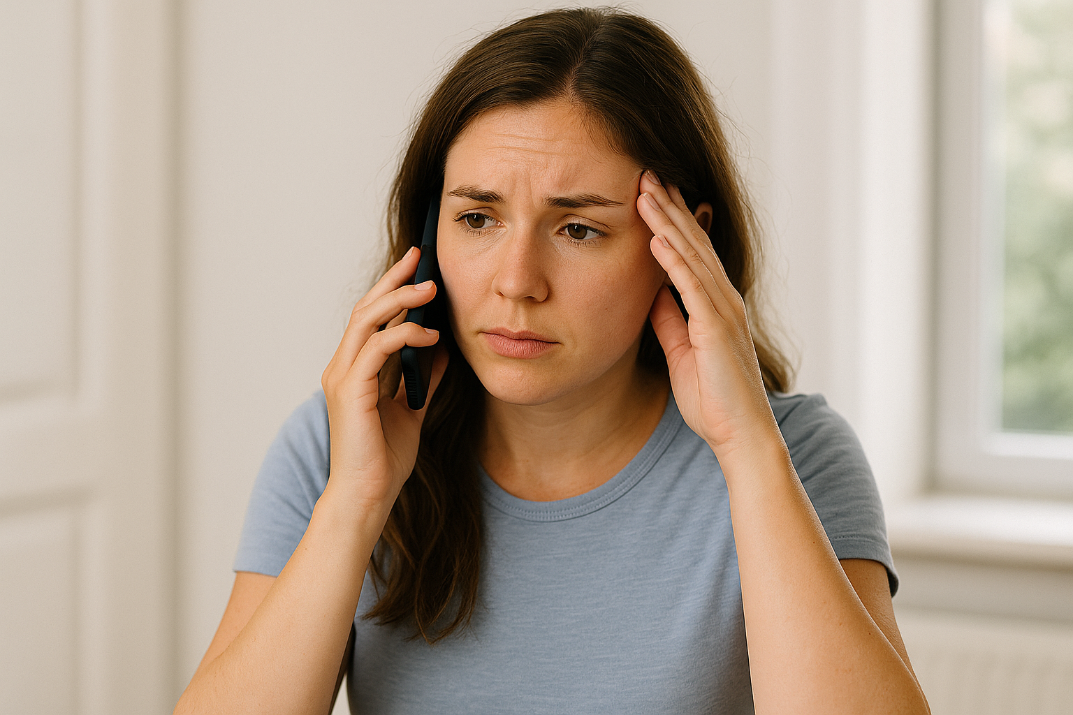 Worried woman holding her head while talking on the phone indoors