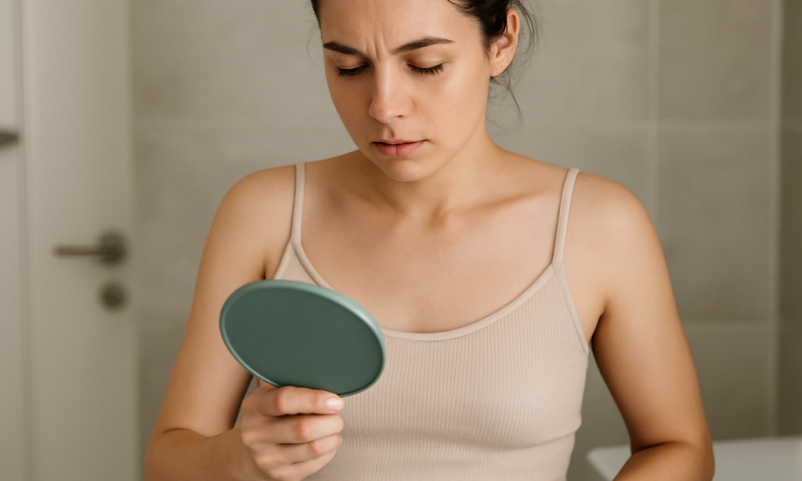 Woman holding a small mirror and checking her abdomen in the bathroom