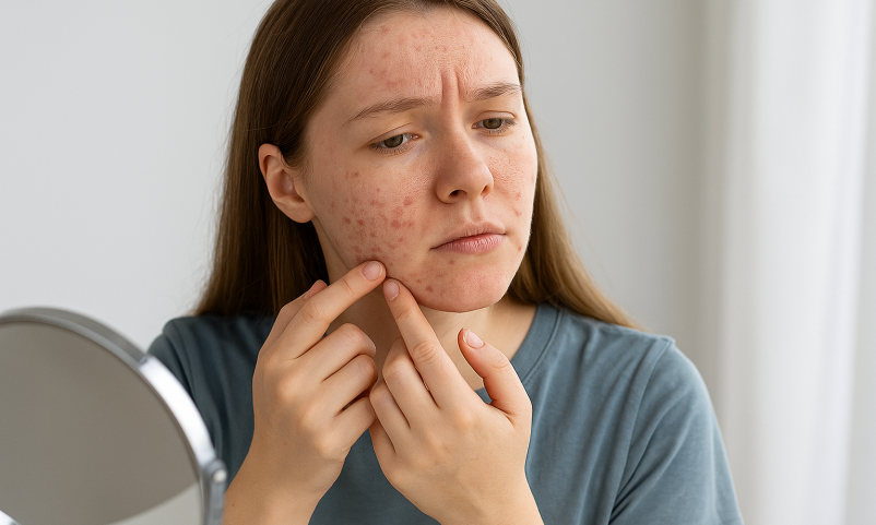 Woman looking at her reflection and touching acne-affected skin on her face