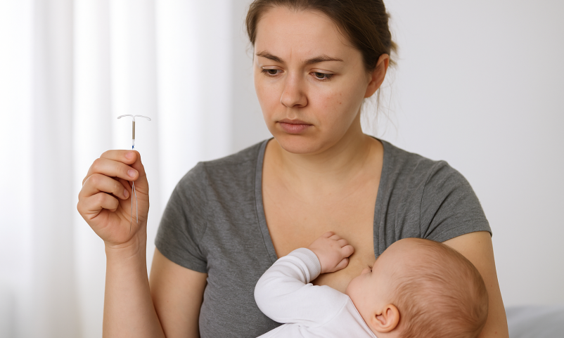 Woman breastfeeding her baby while looking at an IUD device with concern