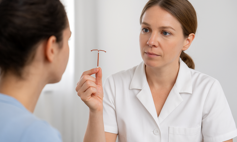 Doctor holding an IUD while explaining its use to a female patient in a medical consultation
