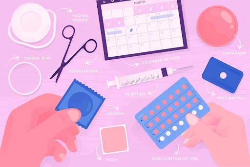 Showing various contraceptive methods, including condoms, pills, injection, and calendar method.