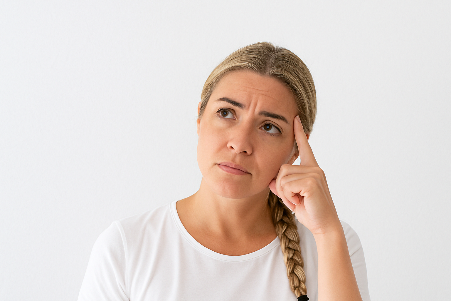 Woman with thoughtful expression touching temple, considering IUD treatment for heavy periods
