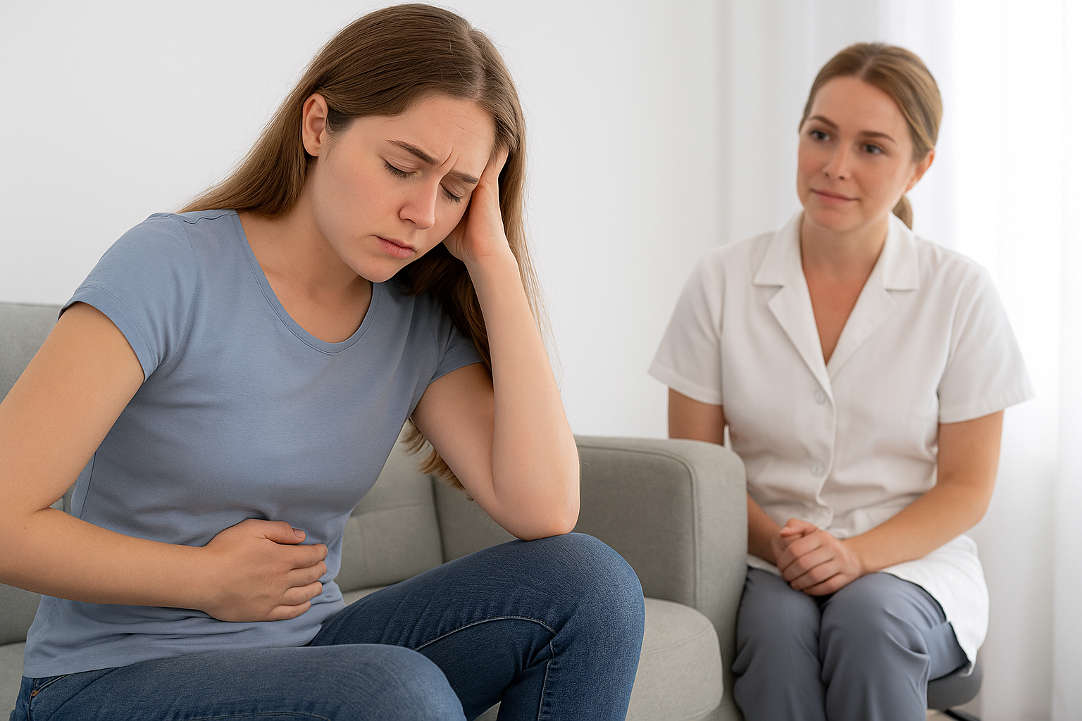 Woman experiencing abdominal discomfort during an IUD consultation with a healthcare provider
